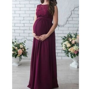 Merlot Colored Size Large Stretch Empire Maxi Dress with Lace Detail